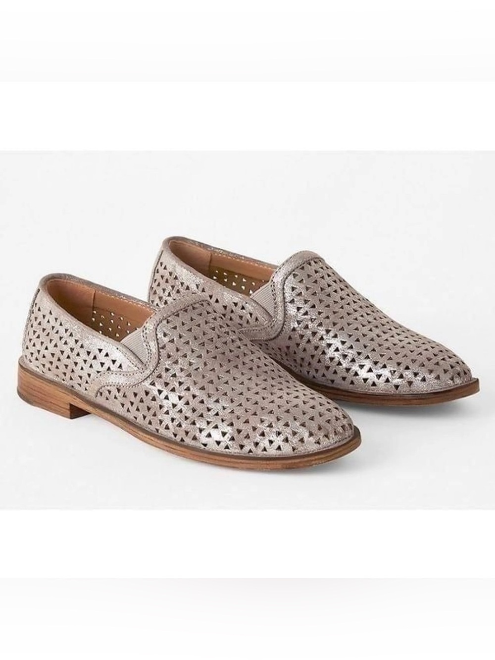 Trask Ali Perforated Italian Suede Pewter Metallic Slip Loafers